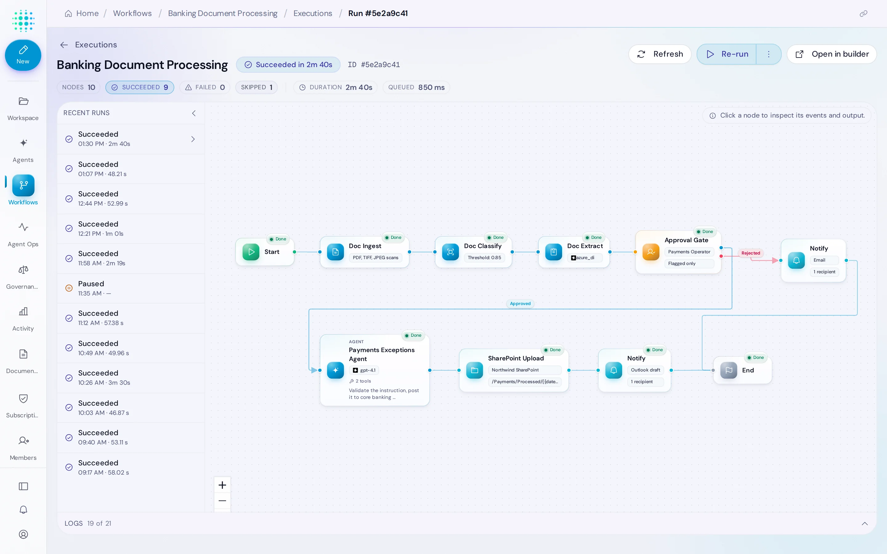 Workflow run view with live status on every node